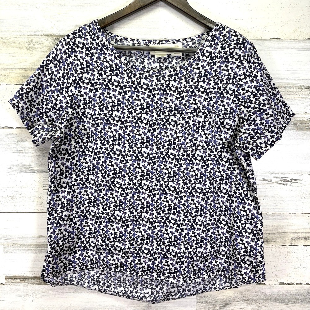 Cynthia Rowley White & Blue Floral 100% Linen Relaxed Hi Lo Tee T Shirt Size M